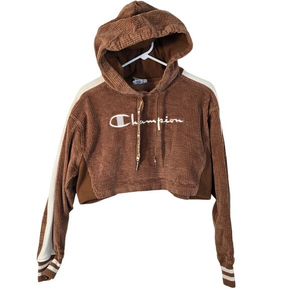 Champion Hoodie Women's XS Reverse Weave Brown Corduroy Cropped Y2K Athleisure - Picture 1 of 10